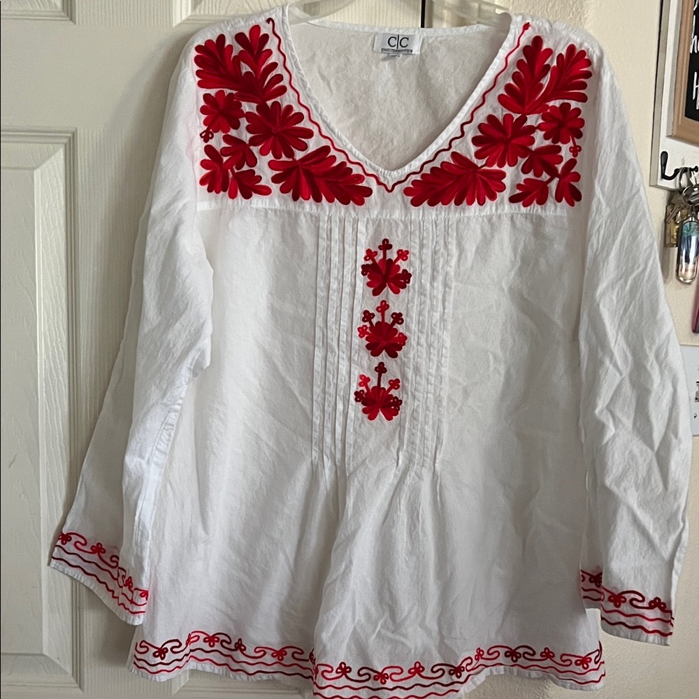 C&C California White Tunic with Red Floral Embroidery